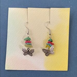 Green and Red Beaded Earrings with Metallic Charm